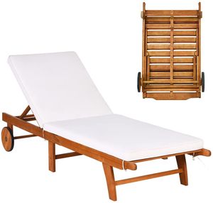 GOPLUS Sonnenliege mit 2 Rädern, Gartenliege Liegestuhl Stuhlsessel Belastbar bis 160 kg, mit Polster-Auflagen, Verstellbare Liege, aus Eukalyptusholz