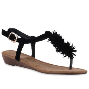 Mytrendshoe Fashionable Ladies Fringed Sandals Wedge Heel Comfort 811509, Barva: černá, Velikost: 39