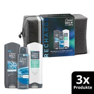 Dove Men+Care Geschenkset 'Recharge' mit Clean Comfort + Sensitive Pflegedusche, Anti-Transpirant Deospray und einer Kulturtasche (2 x 250 ml + 150 ml)