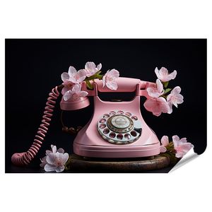 islandburner Premium Poster Retro-Wandbild mit rosa Telefon und Blumenwahlrad Vintage-Stil Wohnzim