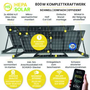 HEPA Solar PREMIUM 800W Komplettkraftwerk / Balkonkraftwerk - 100% vormontiert - inklusive Wechselrichter  - Glas - Glas HJT Modul - 5m Kabel - Schuko