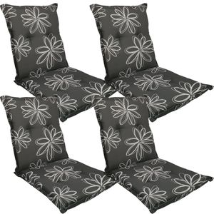 Niedriglehner Auflage Naxos für Gartenstühle 4er Set 98x49 cm Blume Schwarz - 6 cm starke Premium Stuhlauflage mit Komfortschaumkern – Sitzauflage  EU