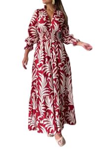 Damen Sommerkleider Florale Loose Swing Langes Kleid Blumenkleid Langarm Boho Kleider Weiß+Rot,Größe M