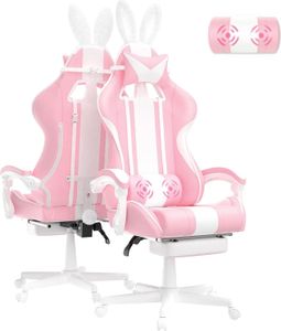 Fotel gamingowy z podnóżkiem Fotel PC Fotel gamingowy z zagłówkiem i poduszką lędźwiową Fotel komputerowy wyścigowy z uszami królika，Fotel biurowy Ergonomiczny，Różowy