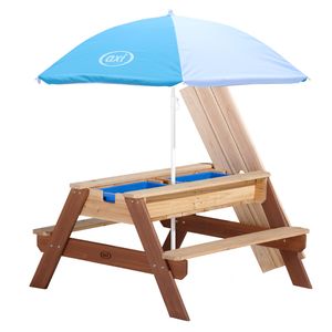 AXI Nick Kinder Sand & Wasser Picknicktisch aus Holz | Wasserspieltisch & Sandtisch mit Deckel und Behältern | Kindertisch / Matschtisch in Braun mit Sonnenschirm für den Garten