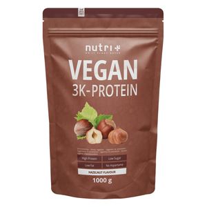 Protein Vegan 1kg - 84,1% pflanzliches Eiweiß - nutri+ 3k-Proteinpulver - Veganes Eiweißpulver ohne Laktose & Milcheiweiß - Haselnuss