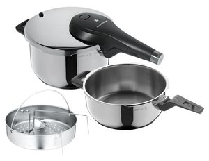 WMF Perfect Premium One Pot Schnellkochtopf Set Induktion 3-teilig, Dampfkochtopf 4,5l + 3l mit Einsatz-Set, Kochtopf groß, Cromargan Edelstahl, 2 Kochstufen, Drehknopf