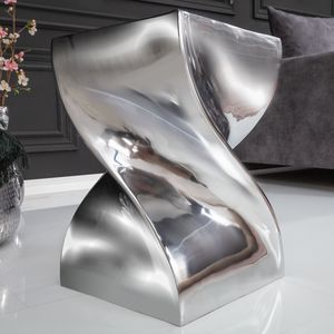 Skulp­tu­raler Beistelltisch TWIST 30cm silber Aluminium poliert Sitzhocker Modern Design