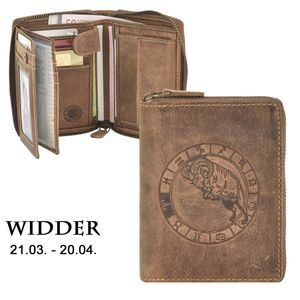 Greenburry Geldbörse Herren Leder braun antik Vintage mit Sternzeichen Prägung Portemonnaie mit Reißverschluss 821A-WIDDER