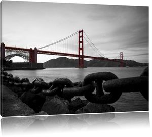 Golden Gate Bridge im Sonnenuntergang B&W Detail, Format: 60x40 auf Leinwand, XXL riesige Bilder fertig gerahmt mit Keilrahmen, Kunstdruck auf Wandbild mit Rahmen, er als Gemälde oder Ölbild, kein Poster oder Plakat