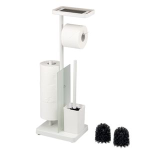 eluno Stand-WC-Garnitur 4in1, freistehende Toilettengarnitur inklusive WC-Bürste, 2 Ersatzbürstenköpfe, (Ersatz-) Rollenhalter für 3 Rollen, Ablage, satiniertes Glas und Metall, in weiß