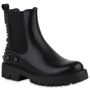 VAN HILL Damen Leicht Gefütterte Chelsea Boots Nieten Profil-Sohle Schuhe 840695, Farbe: Schwarz, Größe: 36
