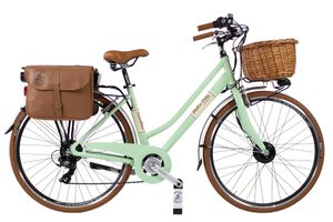 Elektro-Fahrrad Dolce Vita by Canellini Citybike Frau Aluminium mit Korb und Seitentasche - Hellgrun 46 - Frontmotor