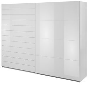 Furniture24 Schwebetürenschrank Galaxy Kleiderschrank Schiebetürenschrank Schlafzimmer Kleidestange Einelgeboden Schiebetür , Weiß/Weiß Hochglanz/Weiß Glas, 270 cm breit