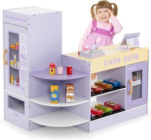 Detský obchod COSTWAY, supermarket s pokladňou, pokladničný automat, drevený obchod, pre deti od 3 do 8 rokov (fialový)