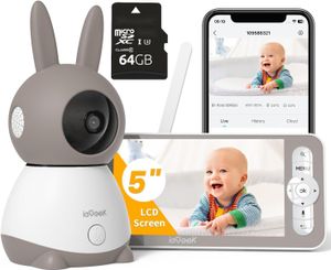 ieGeek 2K Babyphone mit Kamera PTZ 355° mit 64G Karte, 5“ Baby Monitor Auto-tracking, Weinen-|Geräuscherkennung, Temperatur- und Feuchtigkeitsmessung