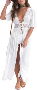 Damen Spitze Strandkleid V-Ausschnitt Badeanzug Bedecken Pareos Kimono Cardigan Strandkleid Boho Transparent Strandponcho