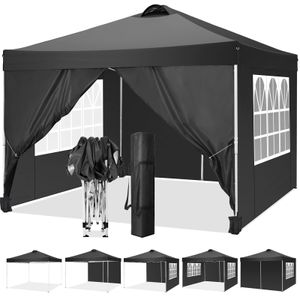 Pavillon 3x3m Wasserdicht, Gartenzelt Pop Up Faltpavillon mit 4 Seitenwänden, UV-Schutz 50+, inkl .Tasche, Schwarz