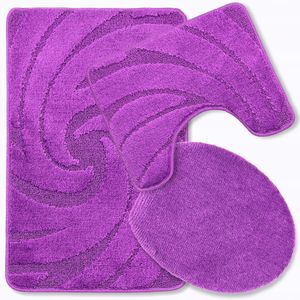 Badteppich Set 3-tlg. Violett - Badezimmer Teppich Rutschfest & Weich - Badteppich, Badvorleger - Badematten Set Lila 50x80 cm