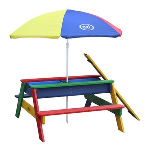 AXI Nick Kinder Sand & Wasser Picknicktisch aus Holz | Wasserspieltisch & Sandtisch mit Deckel und Behältern | Kindertisch / Matschtisch in Regenbogen Farben mit Sonnenschirm für den Garten
