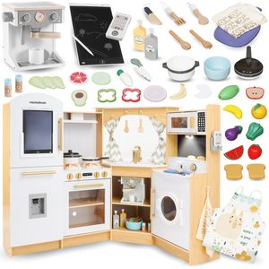 Mamabrum Holz Kinderküche 3+, interaktiver XXXL Spielzeugherd mit LED-Beleuchtung, Kaffeemaschine und Zubehör - Töpfe, Gemüse- und Obstset