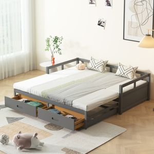 okwish ausziehbares Schlafsofa 90/180*200 cm mit Schubladen und Lattenrost, Bett aus Kiefernholz mit Stauraum, grau