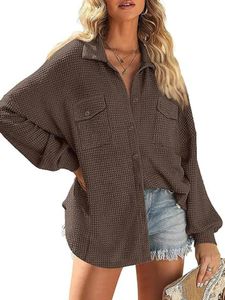 Damen Übergangsmäntel Tops Casual Shirts Langarm Tunika Hemd Jacke mit Knopf Mantel Kaffee,Größe S