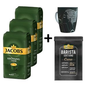 JACOBS Kaffeebohnen Krönung Crema 3 kg ganze geröstete Bohnen + 1 Jacobs Barista Becher + 1 Dose