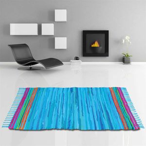 Flickenteppich handgewebter Teppich aus Baumwolle, stylischer und strapazierfähiger Fleckerlteppich (60 x 90cm / blau - dunkelblau)