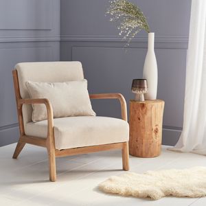 Moderner Sessel aus Holz und Stoff, 1 Person, Zirkelbeine, solides Holzgestell, skandinavischer Stil, bequeme Sitzfläche in Beige