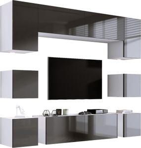 Wohnwand Weiß Matt/Grau Hochglanz MDF, 228 x VERSTELLBAR x 35cm