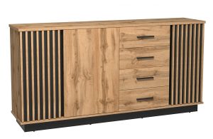 Kommode Lamelo La21 Sideboard 3 Türen 4 Schubladen Wotan Eiche/Schwarz