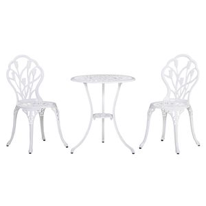 Outsunny Sitzgruppe 3-teilige Essgruppe Gartenmöbel-Set 1 Tisch+2 Stühle mit Schirmloch Terrasse Aluminium Weiß Ø60 x 67H cm