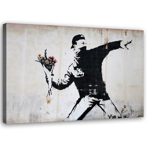 Feeby Leinwandbild Wandbilder 100x70 Horizontal Pop-Art Grau Banksy Throwing Flowers Straßenkunst