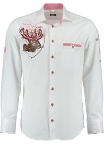 OS Trachten Herren Hemd Langarm Trachtenhemd mit Liegekragen Irono, Größe:45/46, Farbe:weiß-dunkelrot
