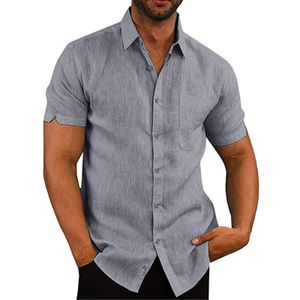 Herren Baumwolle Leinen Casual Kurzarm Hemd Lose Tops Bluse Tunika Button-Down,Farbe: Grau,Größe:M