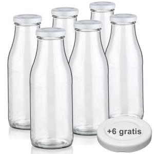 Milchflaschen 0,5L Smoothie Saft Flaschen 500ml leere Glasflaschen Deckel BPA frei, 6 Milchflaschen mit 12 Deckeln