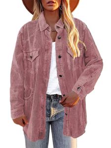 Blazer Damen Solid Color Outwear Herbst Revers Cord Hemd Jacke Losen Knopf Down Bluses Top ,Farbe: Pink ,Größe:Xl
