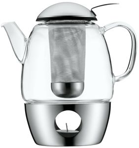 WMF SmarTea Teekanne mit Sieb und Stövchen, Glas, Edelstahl Cromargan, spülmaschinegeeignet, V 1,0l, H 20cm