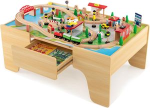 COSTWAY 84-teiliges Kinder Eisenbahn Set, Spieltisch aus Holz mit umkehrbarer & Tischplatte und Schublade, Holzeisenbahn Zug Spielzeug für Kinder ab 3