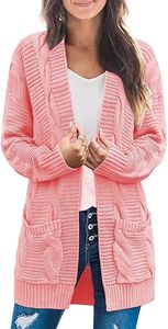ASKSA Damen Langarm Strickjacke Mittellange Elegant Mantel Open Front Zopfstrick Sweater mit Taschen, Rosa, XL