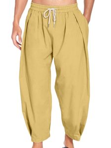 Herren Sommer Baumwolle Leinen Haremshose Lässige Lockere Solide Elastische Taille Shorts,Farbe: Gelb,Größe:2XL
