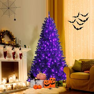 180cm Weihnachtsbaum mit 250 lila LED-Leuchten, künstlicher Tannenbaum mit 680 Zweigen & Metallständer, schwarz Christbaum mit Beleuchtung, geeignet für Halloween