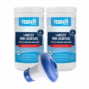 mediPOOL Langzeit-Minichlor Tabs 2x 1 kg + Schwimmdosierer Mini, Chlor Desinfektion Poolpflege Wasserpflege