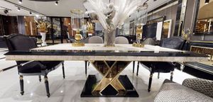 Casa Padrino Luxus Art Deco Esstisch Weiß / Schwarz / Gold - Art Deco Esszimmer Tisch - Art Deco Esszimmer Möbel - Luxus Qualität