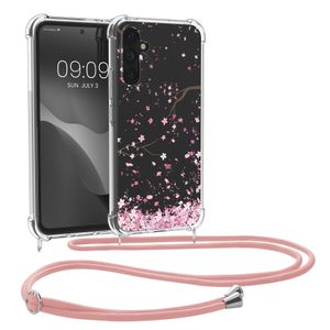 kwmobile Necklace Case kompatibel mit Samsung Galaxy A34 5G Hülle - Silikon Cover mit Handykette - Rosa Dunkelbraun Transparent Kirschblütenblätter