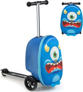 2 in 1 Kinderkoffer & Scooter Kinder ab 5 Jahre, Kindertrolley mit Blinkenden LED-Rädern, Kindergepäck Hartschale 19 Zoll für Flugzeug & Zug & Auto (Blau)