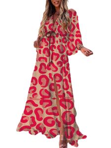 Damen V-Ausschnitt Leopard Maxikleid Boho Holiday Beach High Split Swing Kleid,Farbe: Damen ,Größe:M