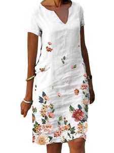 Damen Kurzarm Kleid Retro Kleider Vintage V-Ausschnitt Sommer Strand Sommerkleid Weiß,Größe L