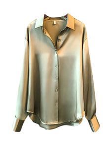 Damen Bluse Satin Langarm Shirts V-Ausschnitt Elegantes Business Oberteile mit Knöpfen Hellgrün,Größe EU M